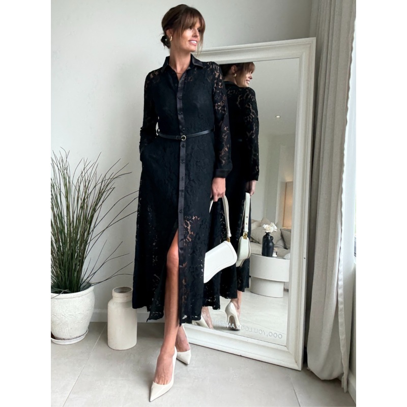 Daphne Belted Shirt Dress / Black Lace