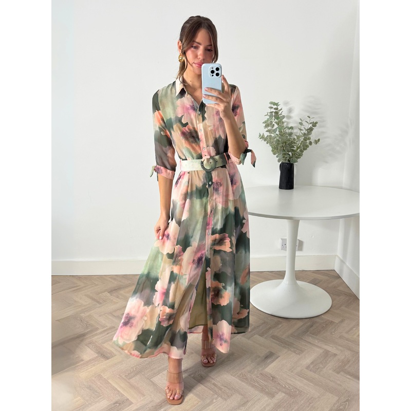 Daphne Belted Shirt Dress / Green & Pink