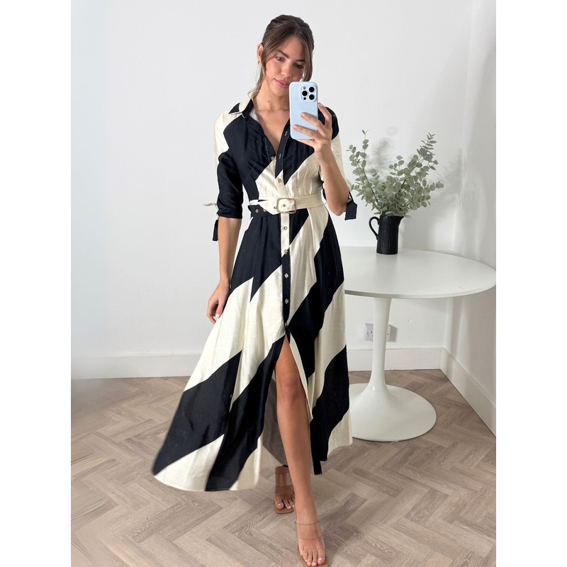 Daphne Belted Shirt Dress / Mono Stripe
