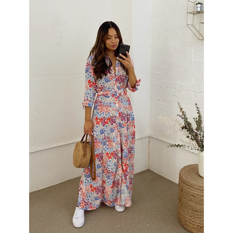 Daphne Belted Shirt Dress / Multi Floral Print