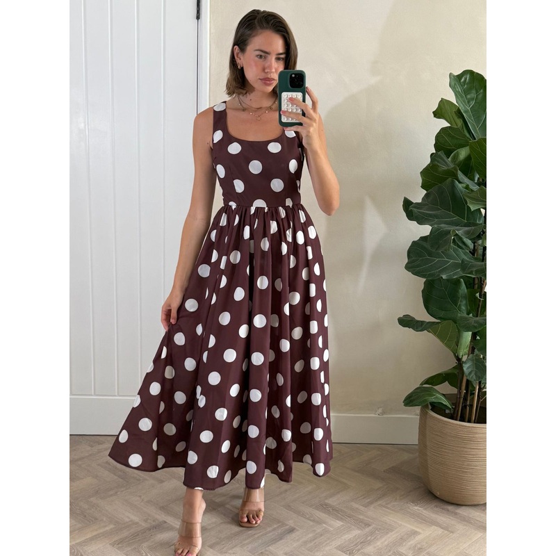 Davica Chocolate Brown and Cream Polka Dot Midi Dress