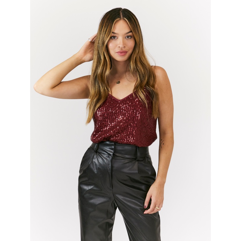 Daya Sequin V Neck Top / Mulberry