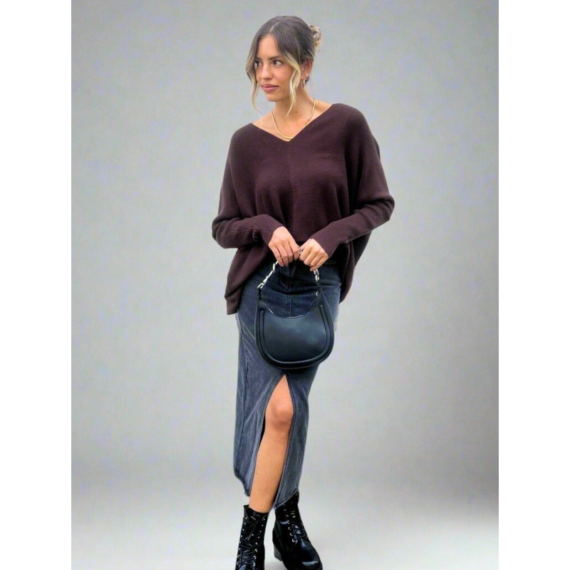 Ella Oversized knitted V Neck Jumper / Chocolate