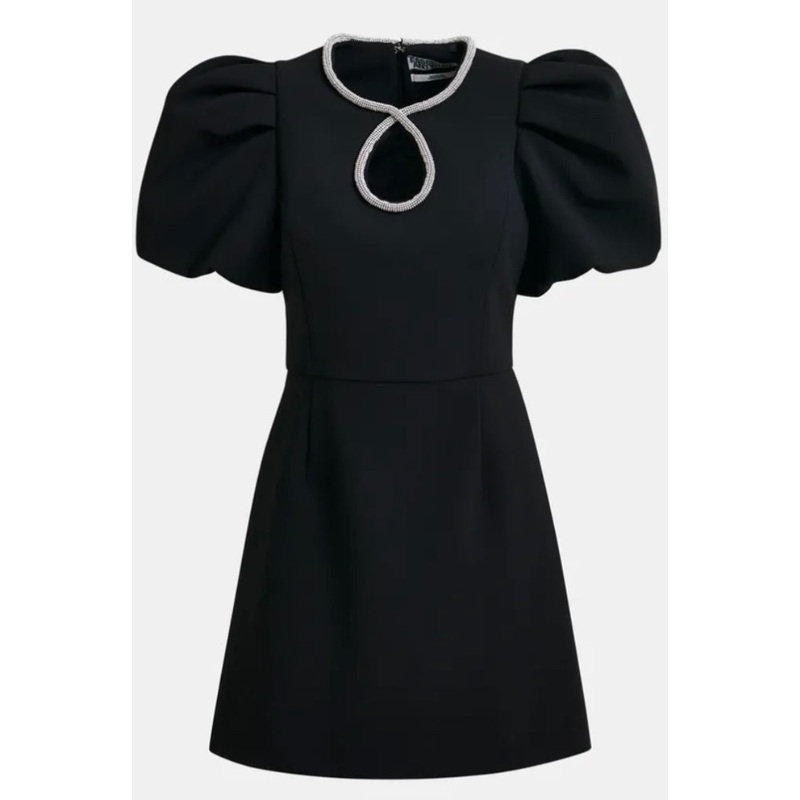 Essentiel Antwerp Black mini dress with puff sleeves and rhinestone-embellished keyhole neckline