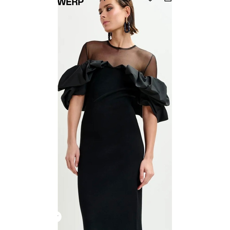 Essentiel Antwerp Black sheer yoke midi dress with sculptural ruffles