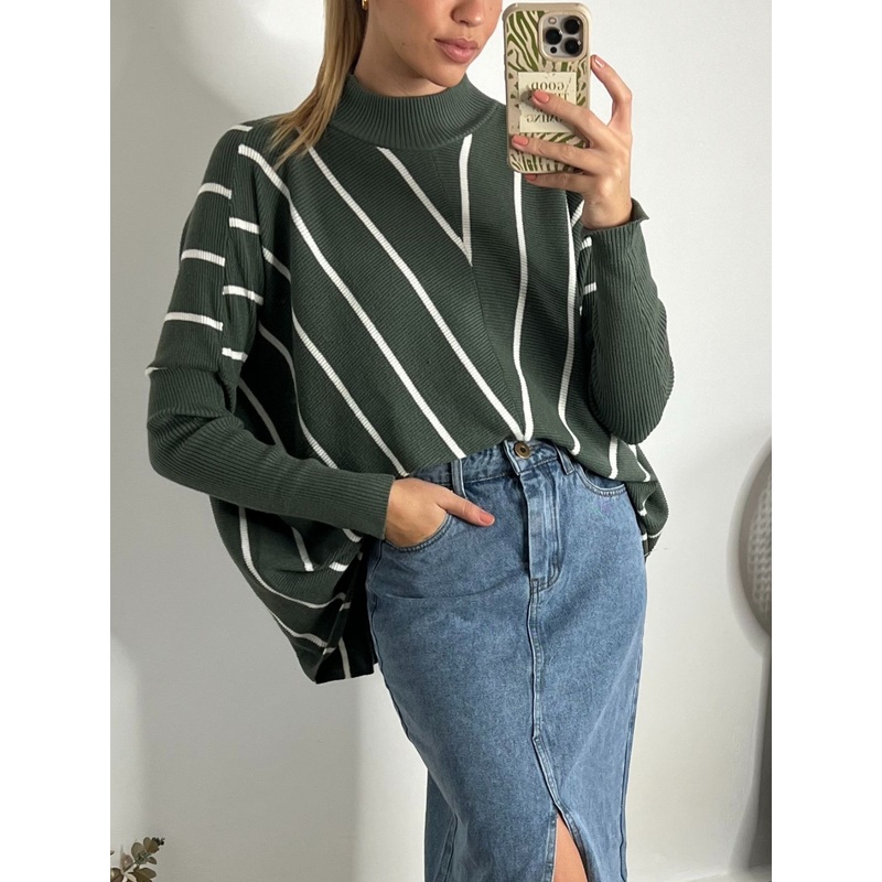 Hope Knitted High Neck Jumper / Khaki and Cream