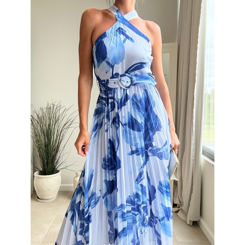 Paige Halter Pleated Belted Dress / Blue Floral