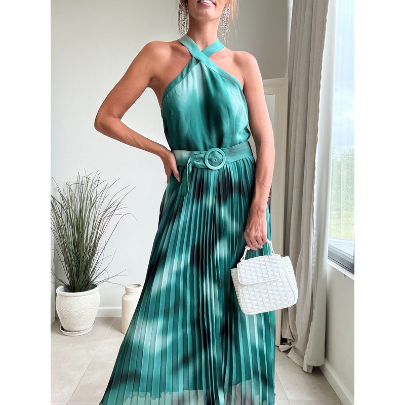 Paige Halter Pleated Belted Dress / Green Print