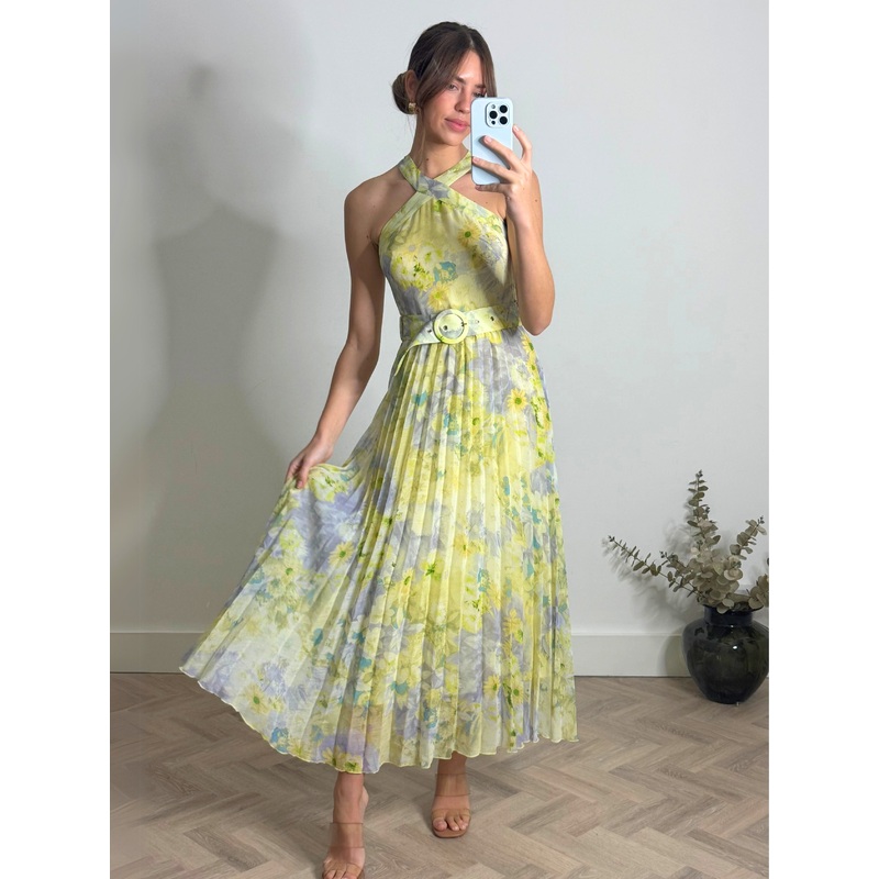 Paige Halter Pleated Belted Dress / Lemon Floral