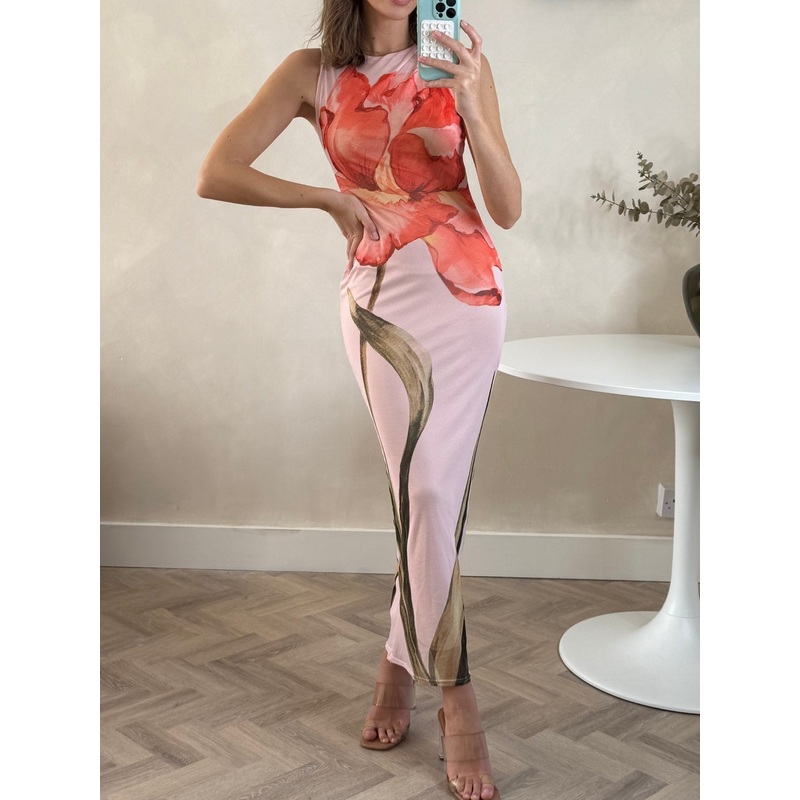 Placement Floral Maxi dress in Pink