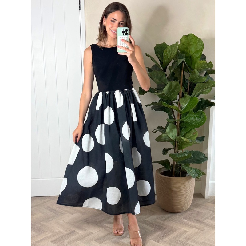 Rhoda Black and White Polka Dot Midi Dress