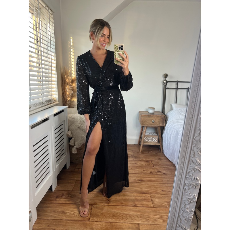 Ria Sequin Wrap Maxi Dress / Black