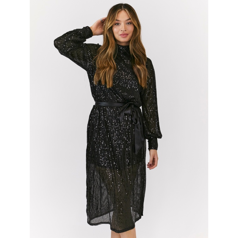 Roxi Sequin Midi Dress / Black