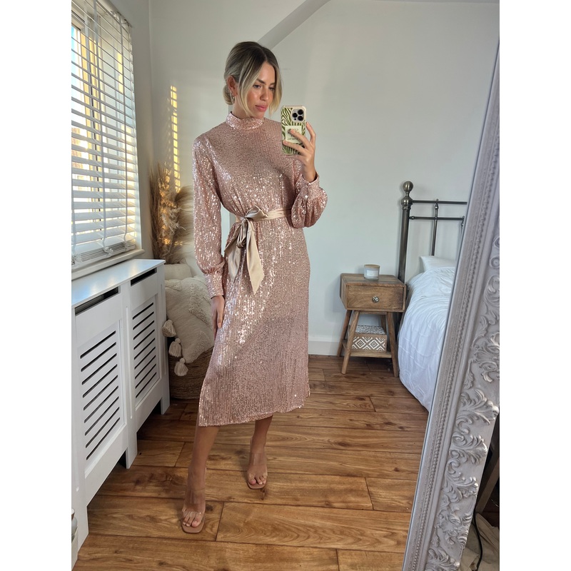 Roxi Sequin Midi Dress / Rose Gold
