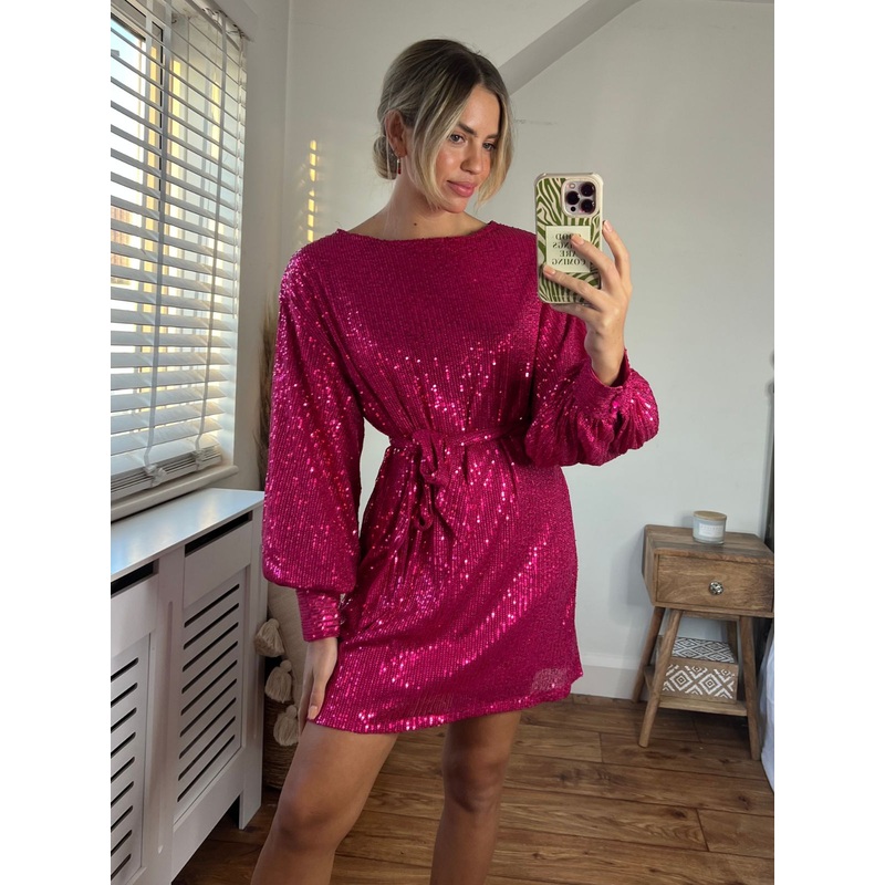 Skylar Balloon Sleeve Mini Dress / Hot Pink