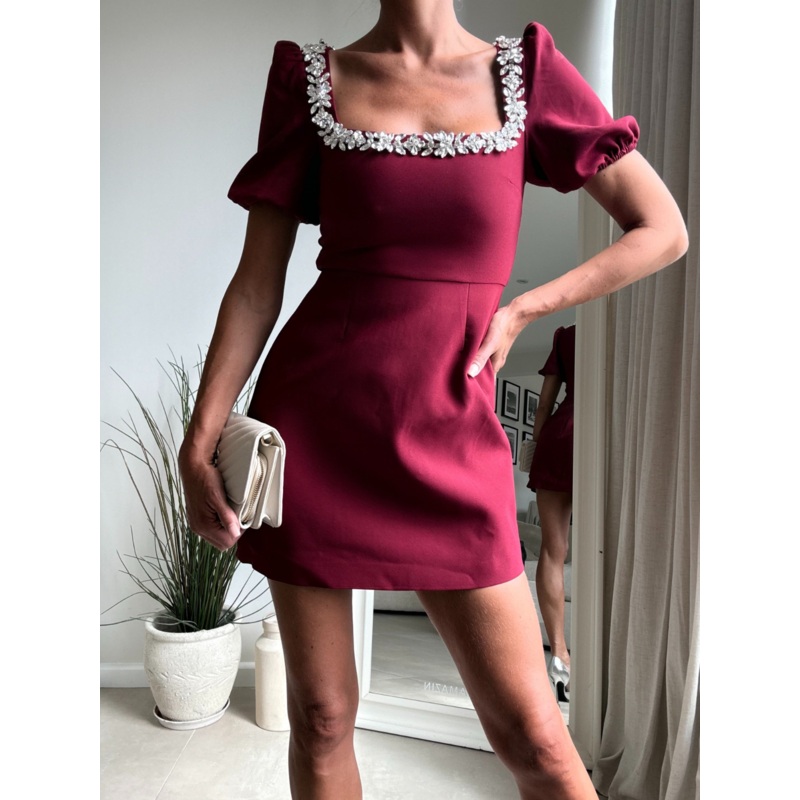 Sloane Puff Sleeve Embellished Trim Dress / Mulberry Red
