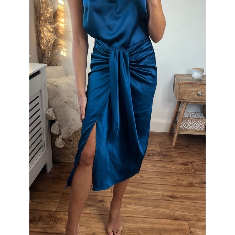 Valencia High Waist Drape Skirt / Peacock Blue