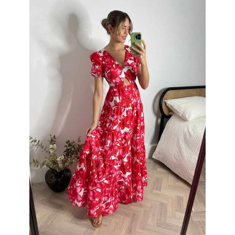 Zoe Tiered Cutout Maxi Dress / Red & White