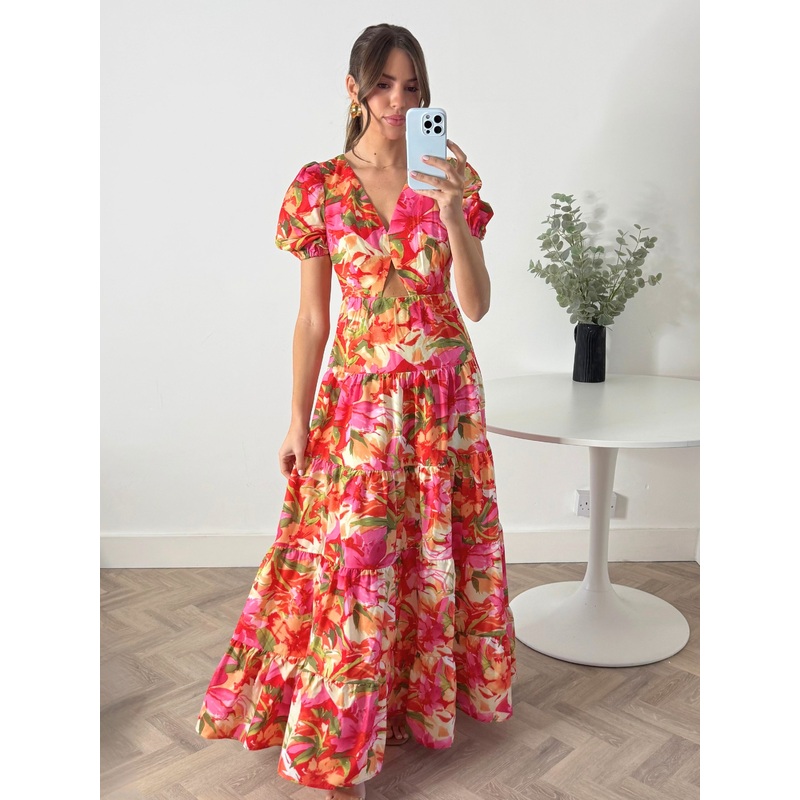 Zoe Tiered Cutout Maxi Dress / Tropical Print