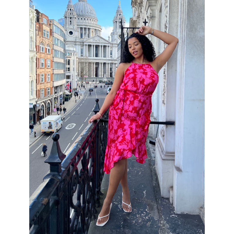 Ariana Halter Frill Dress / Pink Floral Print