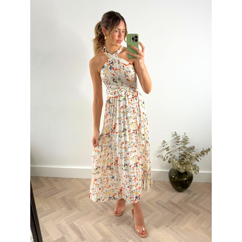 Paige Halter Pleated Belted Dress / Multi Floral