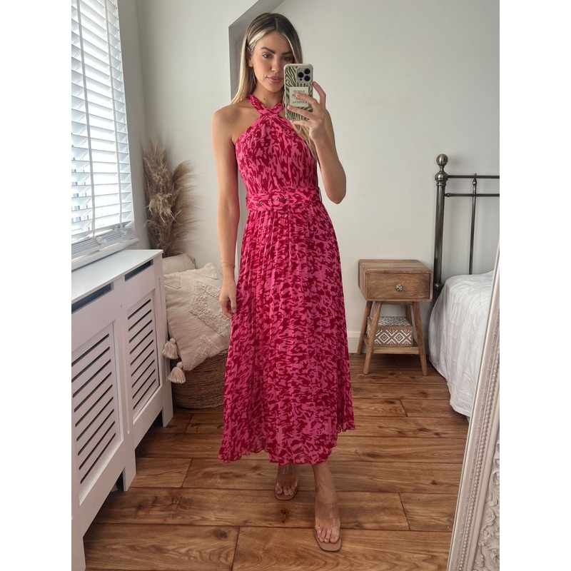 Paige Halter Pleated Belted Dress / Pink Animal