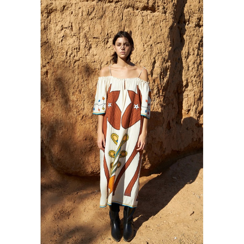 Embroidered strap midi dress – Ivory