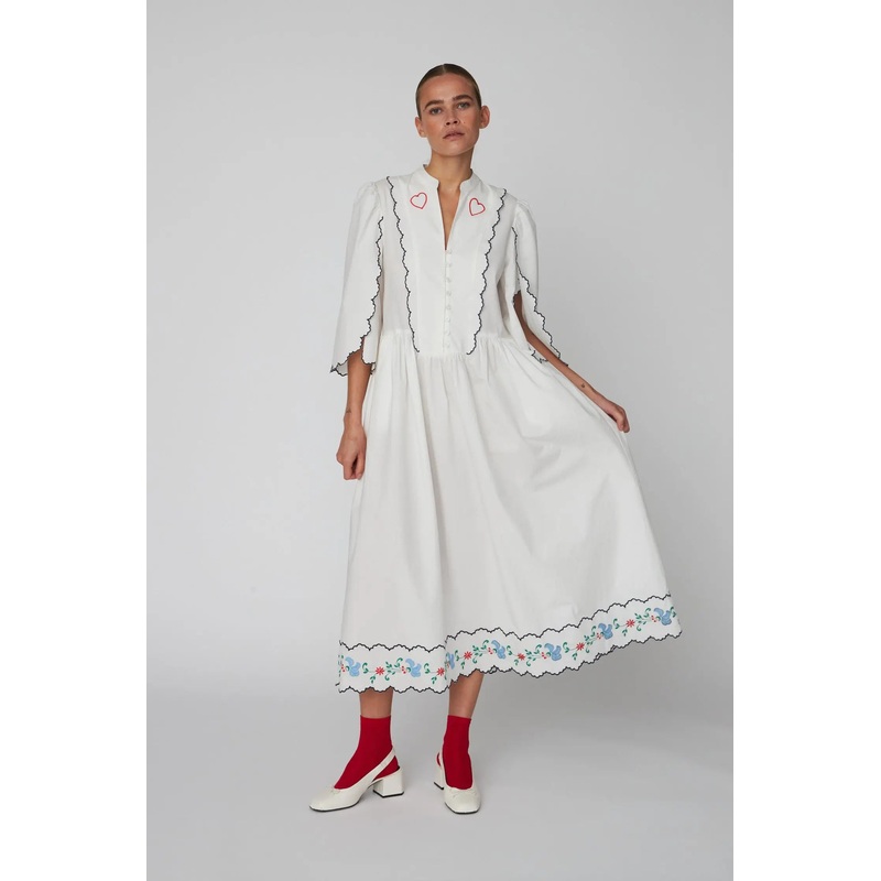 Coloured Embroidered Loose Dress – Off white