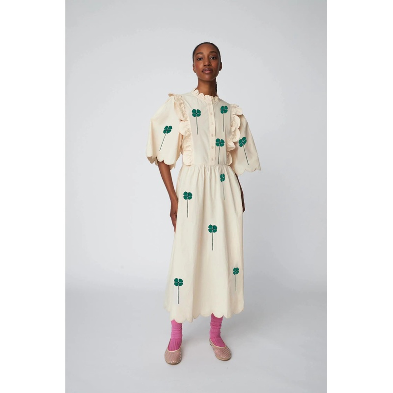 Embroidered Midi dress with Scallops – Green/Creme