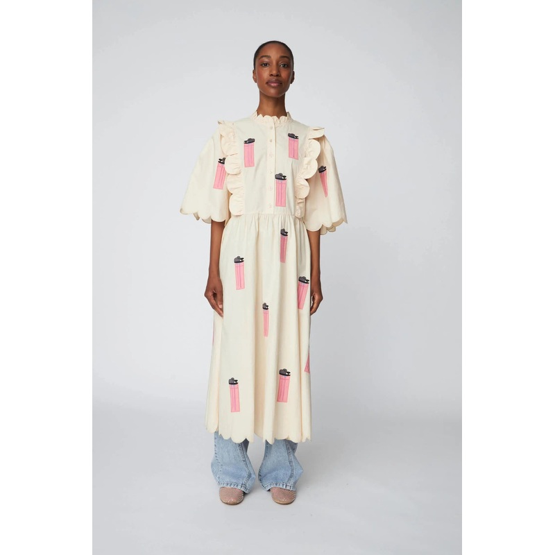 Embroidered Midi dress with Scallops – Ivory