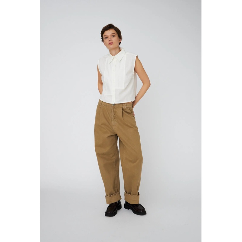 Low-Waist Cotton Pants with Scallop Edge – Dark Sand