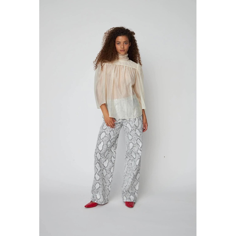 Pointelle High-Neck Bow Blouse – Vanilla