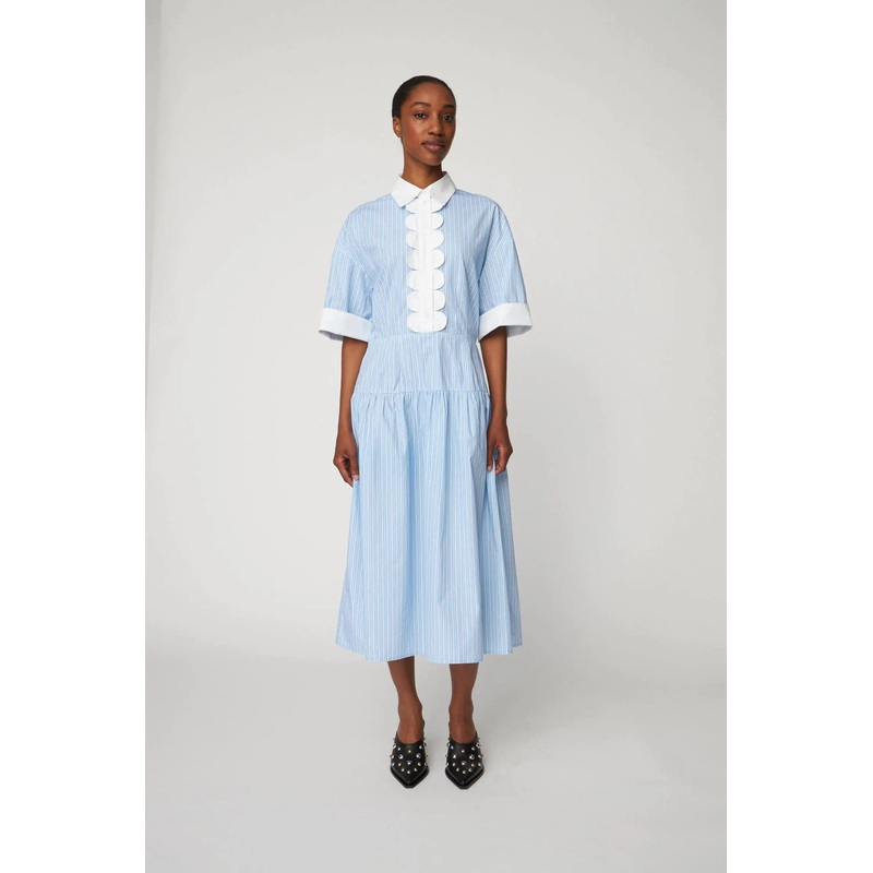 Striped Dress with Scallops – Creme Blue Stripes