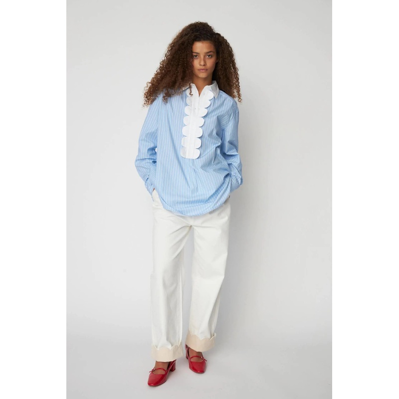 Striped Shirt with Scallops – Creme Blue Stripes