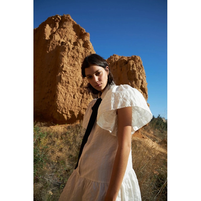 Bow mini dress – Creme w. gold stripe