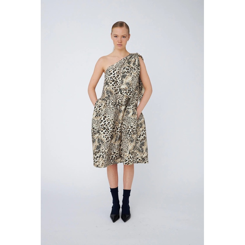Crisp One-Shoulder Midi Dress with Bow – Leopard