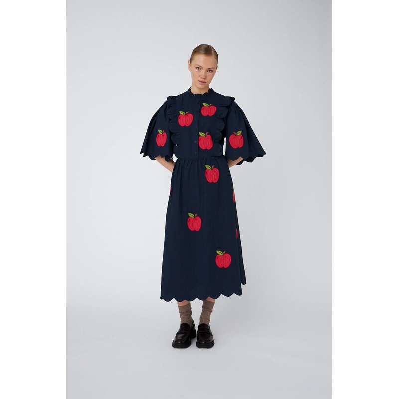 Embroidered Cotton Midi Dress – Navy