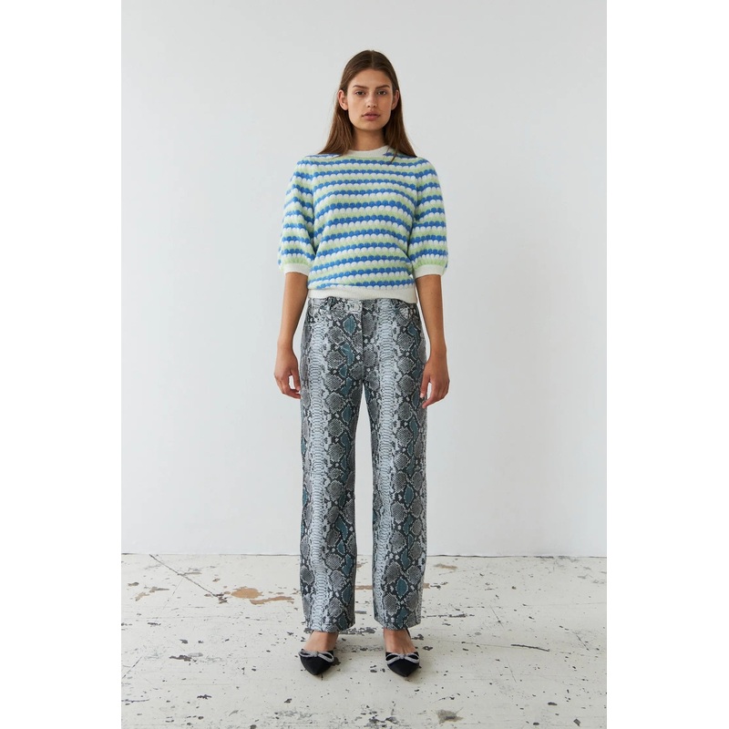 Knitted wave stripe short sleeved sweater – Blue Green Stripes