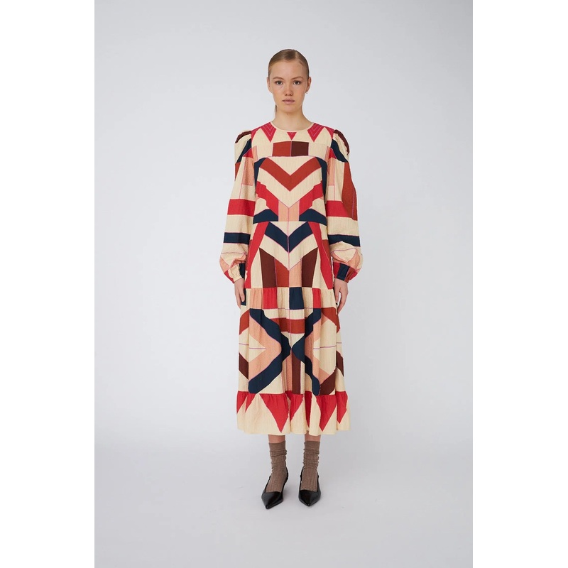 Patchwork Cotton Midi Dress – Red Mix