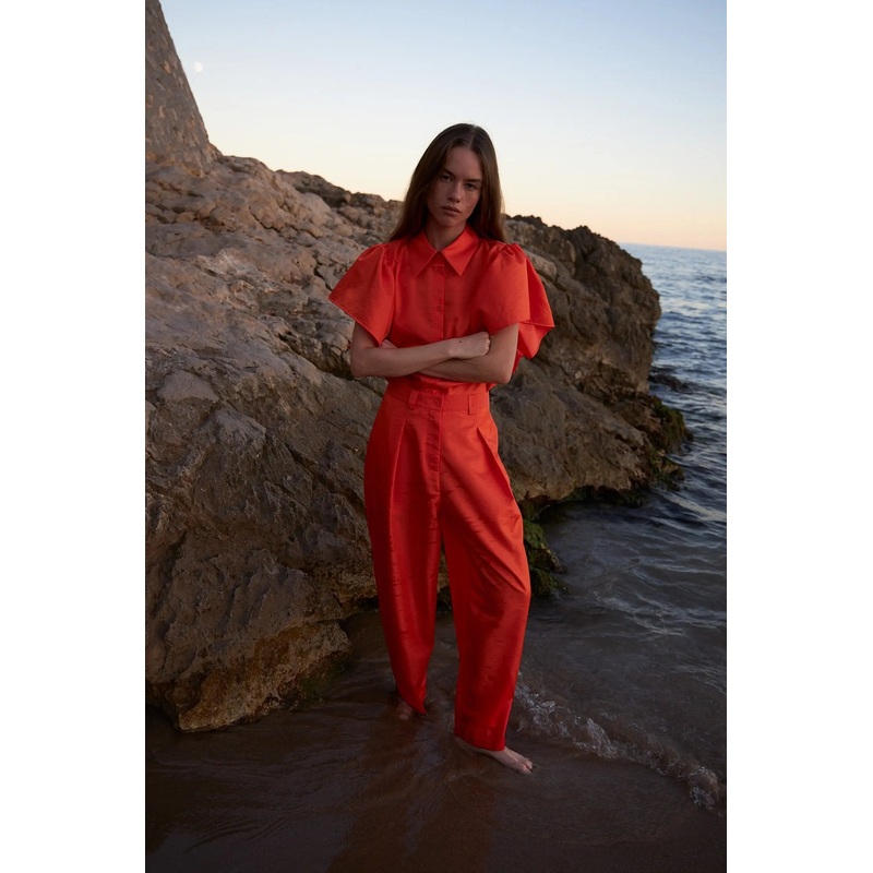 Shiny casual volume pant – Orange Red