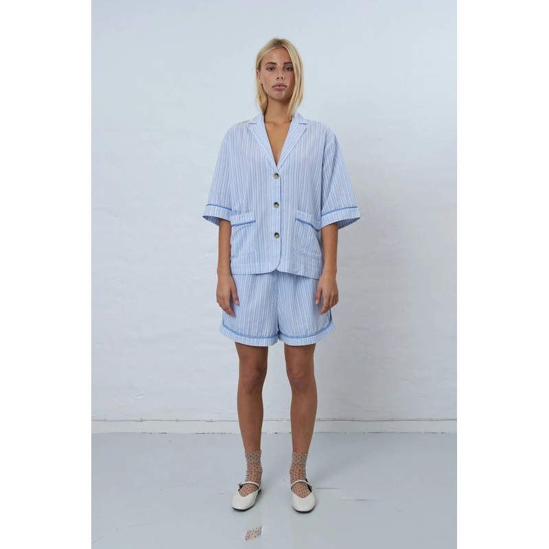 Shortsleeved pyjamas shirt – White with Blue Stripes