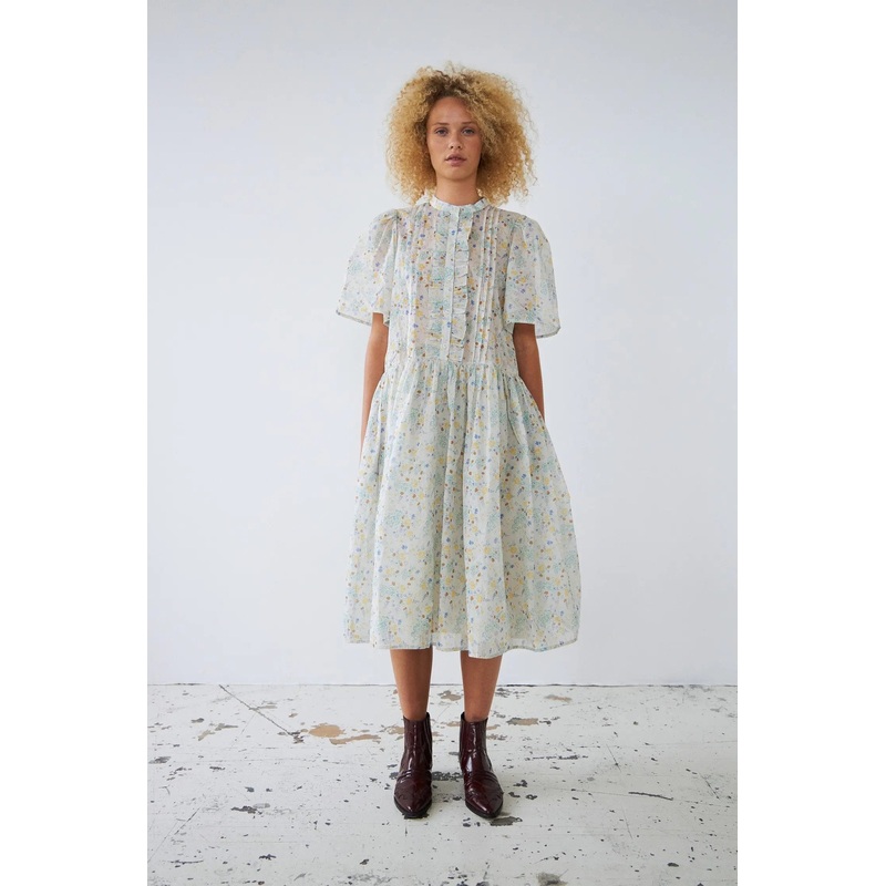 Transparent midi cotton dress – Creme Multicolour Flowers