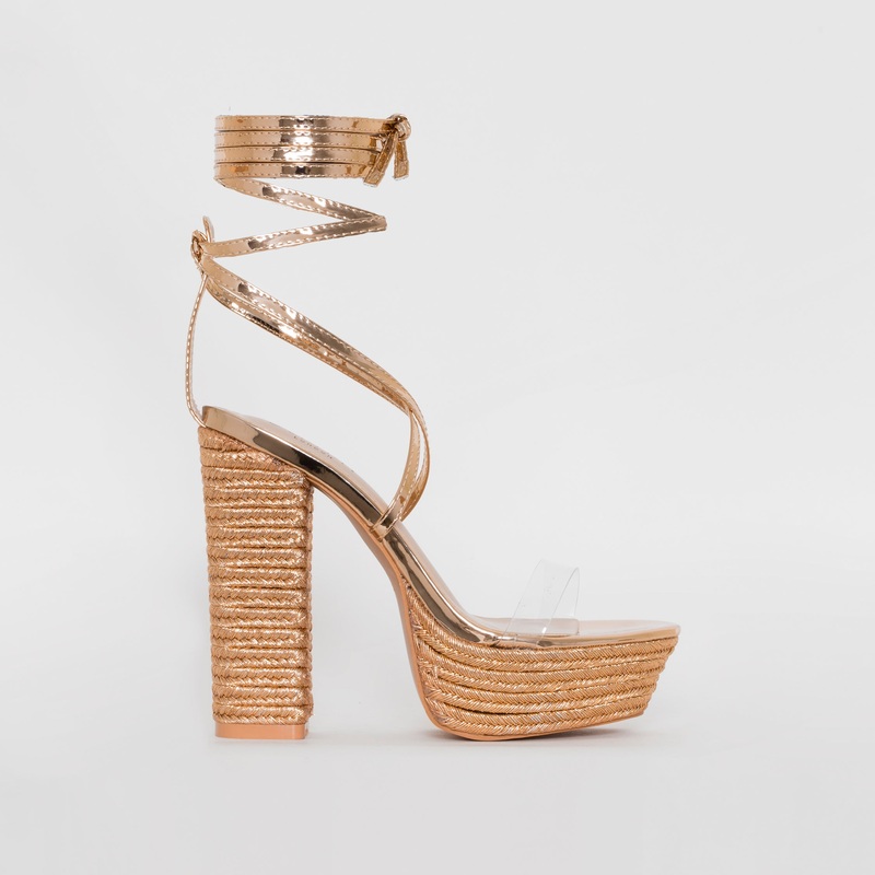 Akira Rose Gold Patent Lace Up Platform Heels