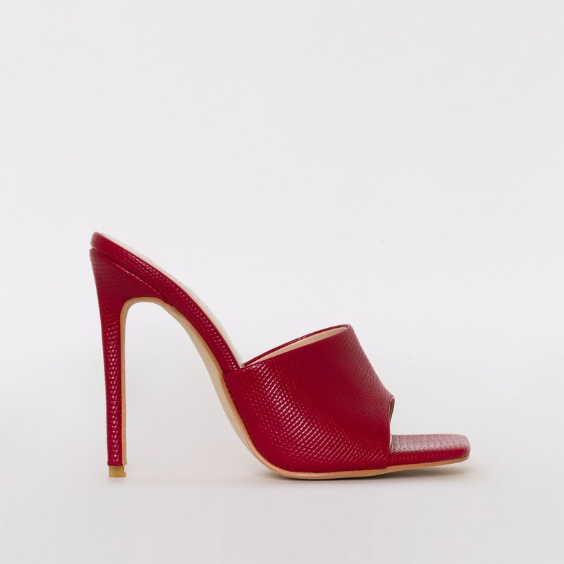 Amalie Red Snake Print Stiletto Mule Heels