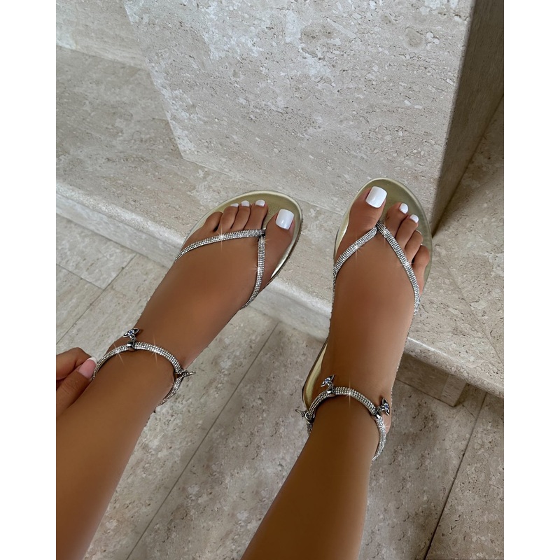 Dakoa Gold Metallic Evil Eye Charm Flat Sandals