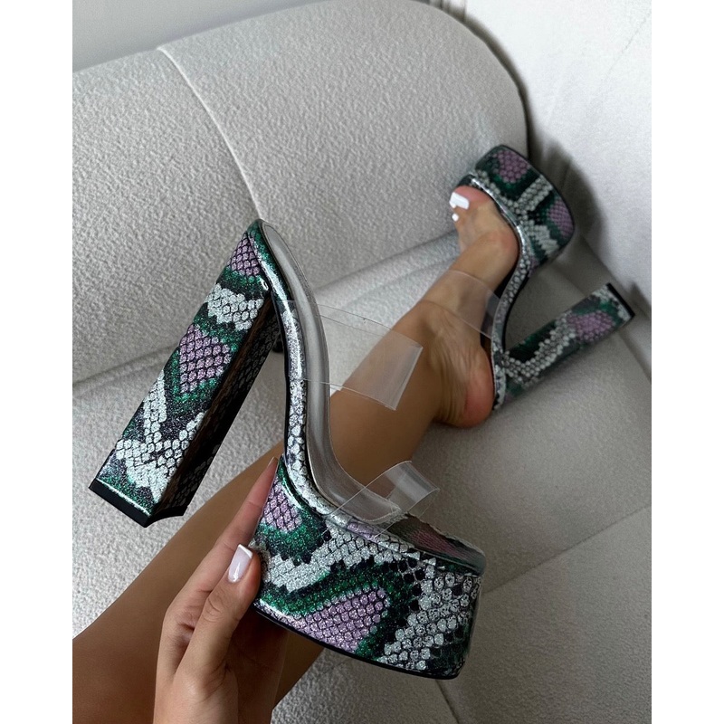 Melodie Green Faux Snake Diamante Platform Sandals