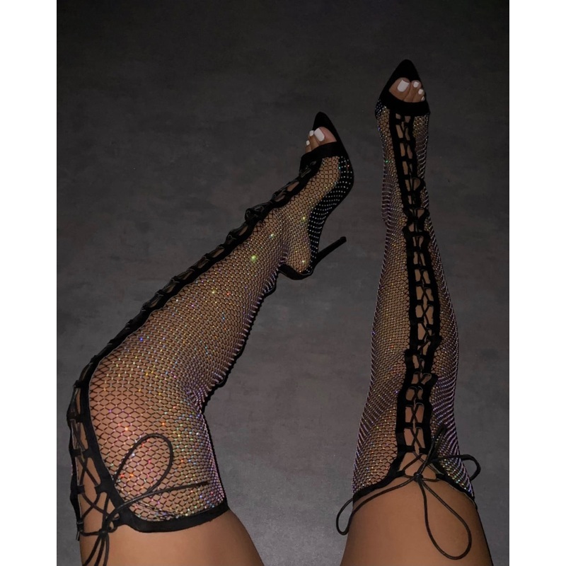 Talitha Black Diamante Mesh Lace Up Thigh High Heels