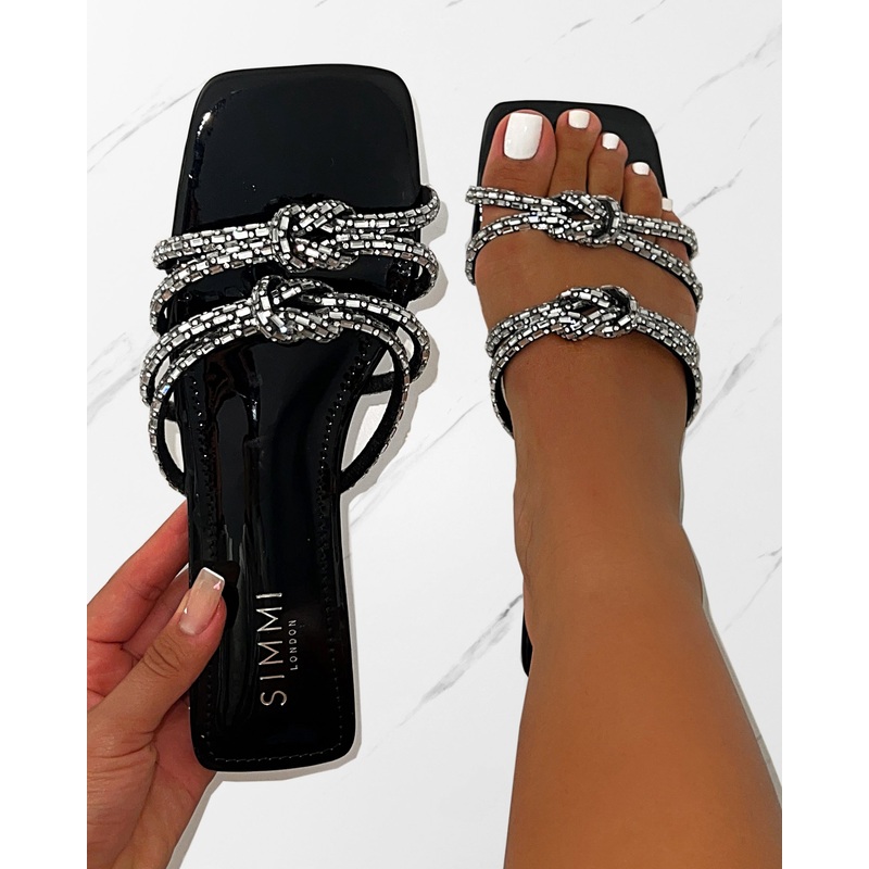 Aliano Black Patent Diamante Flat Sandals