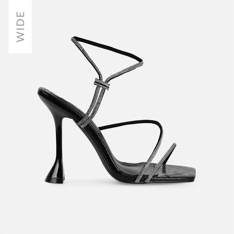 Asmara Wide Fit Black Faux Snake Print Diamante Toggle Heels
