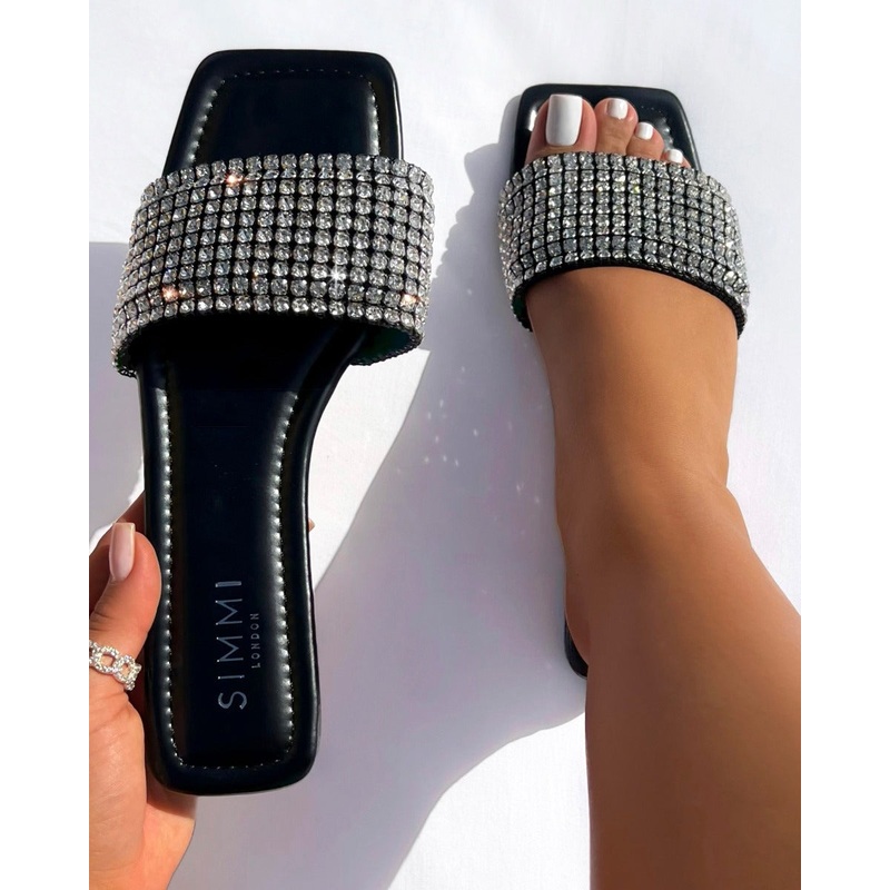 Azura Wide Fit Black Diamante Sliders